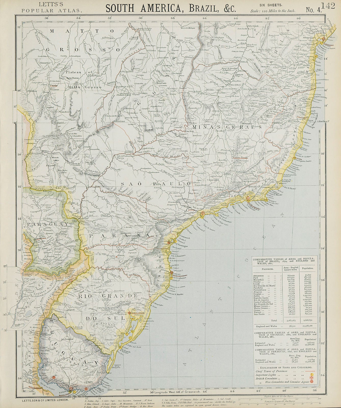 SOUTH BRAZIL URUGUAY. Lighthouses. Bahia Minas Gerais Sao Paolo. LETTS 1884 map